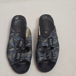 La Plume Blue Snakeskin Leather Double Buckle Slide Sandals Made Italy Size 39